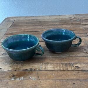 Art Studio Wheel-thrown Ceramic Soup Mugs Deep Teal Blue Speckled Glaze